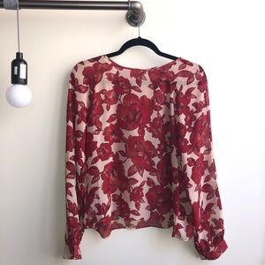 Red Long Sleeve Sheer Floral Blouse